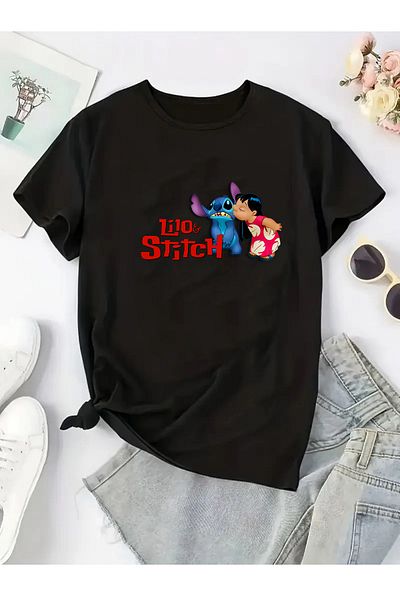 makiteks Tricou unisex oversize cu imprimeu Lilo Stitch alb/negru/gri