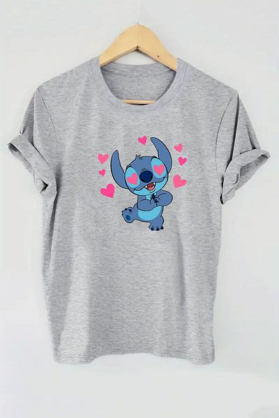 makiteks Μπλουζάκι Unisex Oversize Lilo Stitch με στάμπα Λευκό/Μαύρο/Γκρι