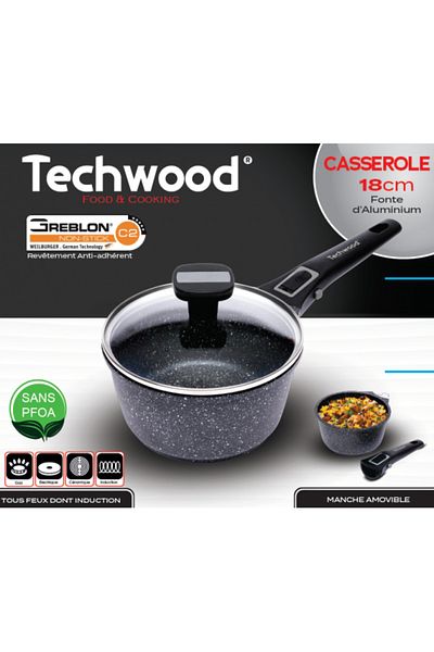 Techwood Hrnec TP-18CA, 18 cm, odnímatelná rukojeť, skleněná poklice, všechny zdroje tepla včetně indukce