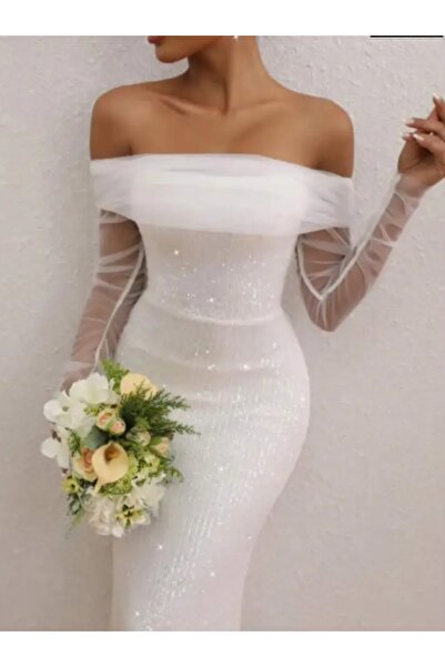 Genel Markalar HAVUZ YAKA TÜL KOLLU PUL PAYET NİKAH ELBİSESİ