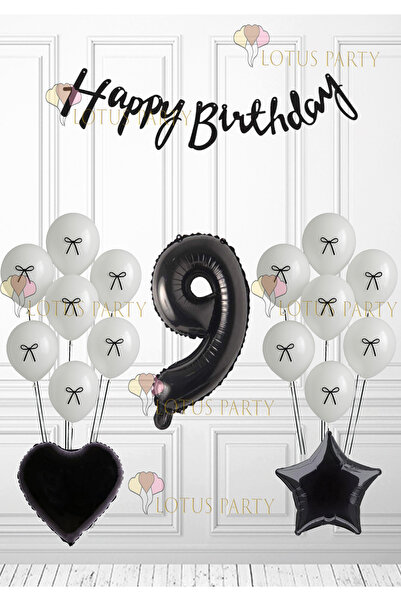 LOTUS PARTY Siyah Kurdeleli Beyaz Balon Siyah Rakam Siyah Kalp Siyah Yıldız -...