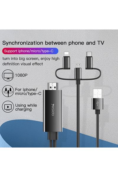Yesido كابل محول HM05 3 في 1 8 سنون / Micro USB / USB-C إلى HDMI، الطول: 1.8 متر