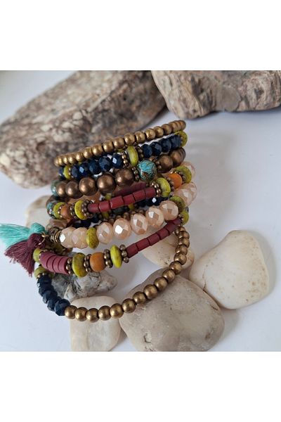 azra takı tasarım Bohemian Authentic Multiple Bracelet Set with Crystal and Lava Stone Detail