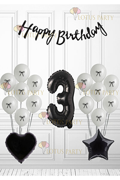 LOTUS PARTY Siyah Kurdeleli Beyaz Balon Siyah Rakam Siyah Kalp Siyah Yıldız -...