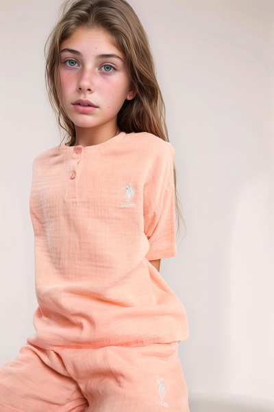 U.S. Polo Assn. Girl's Woven Fabric 100% Cotton Crew Neck T-Shirt Shorts Set