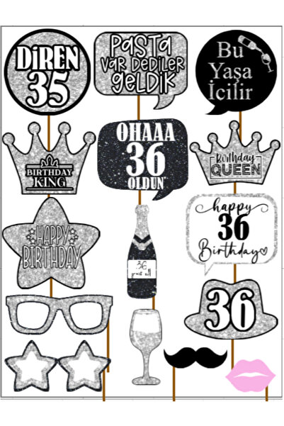 Hiras Dizayn 36 Year Old Women Men 15Pieces Silver Sparkle Slogans Birthday Party Speech Balloon