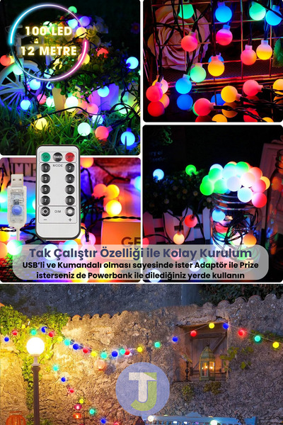 TechnoSmart 100 Ledli Usbli Kumandalı 8 Modlu 12 Metre Toplu Işık Parti Süsleme Organizasyon