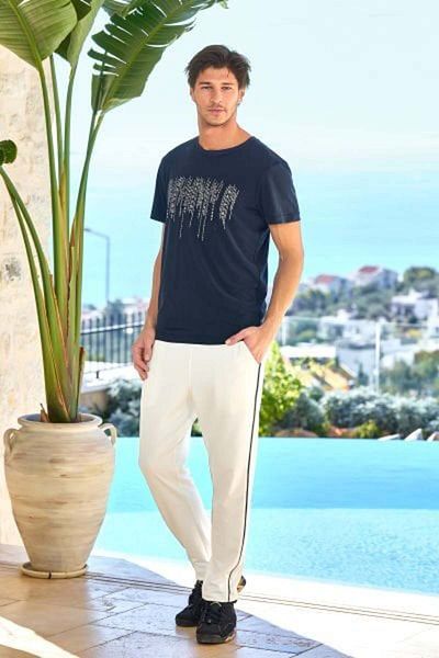 Cossy By Aqua 25938 Men's Anthracite-Cream Printed Short Sleeve Men's Cotton 2-Piece Set