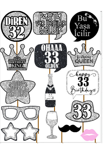 Hiras Dizayn 33 Years Old Women Men 15Pieces Silver Sparkle Slogans Birthday Party Speech Balloon Selfie Sticks