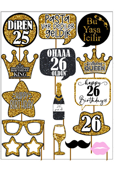 Hiras Dizayn 26 Year Old Women Men 15Pieces Gold Sparkle Slogans Birthday Party Speech Balloon Selfie Sticks