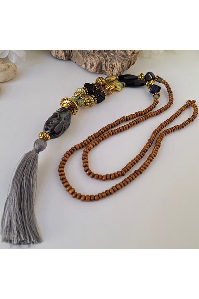 azra takı tasarım Handmade authentic, black bohemian ceramic,lav stone,indian glass,zamak plated,wooden long women's necklace