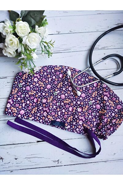 doktorbonem Tesettür Mor Çıtır Çiçekler Desenli Cerrahi Bone Doktor Hemşire Sağlıkçı Hastane Aşçı Bonesi Geniş