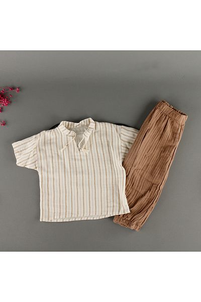 bebegci Maron Stripe Detailed Judge Collar Shirt Muslin 2-Piece Men's Set