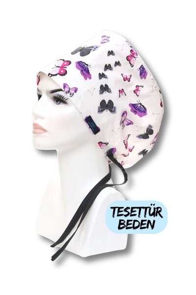 doktorbonem Tesettür Mor Kelebekler Desenli Cerrahi Bone Doktor Hemşire Sağlı...