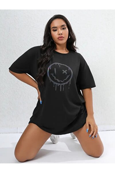 LAND MODA Φαρδύ μαύρο μπλουζάκι για γυναίκες με γραφικό χαρούμενο σχέδιο προσ...