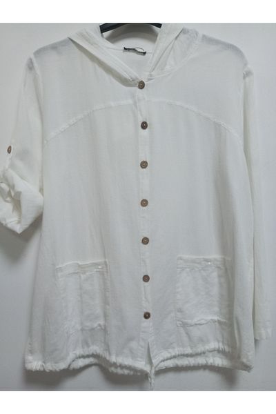 AKŞEN GİYİM Plus Size Organic Washed Cotton Linen Hooded Buttoned Sequin Pocket Jacket