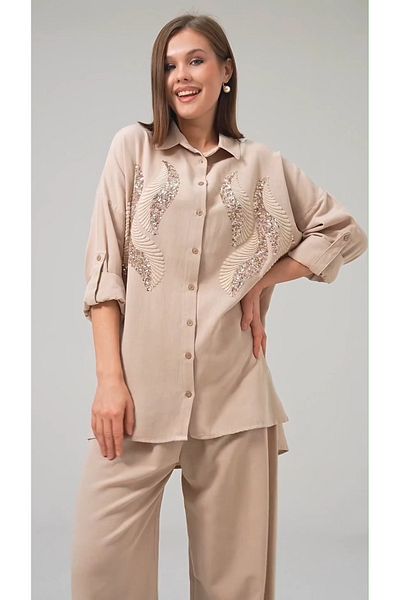 MVStore Women's Patterned Embroidered Linen Oversize Shirt