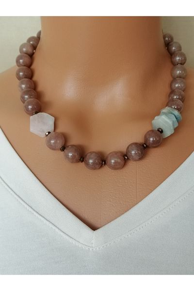 LemaStone Natural Stone Necklace and Steel Bracelet, 12 mm Strawberry Quartz and Aquamarine