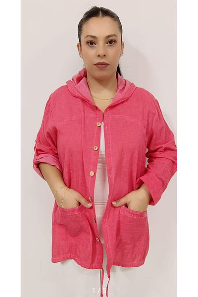 AKŞEN GİYİM Large Size Organic Washed Cotton Linen Hooded Buttoned Jacket with Sequin Pockets