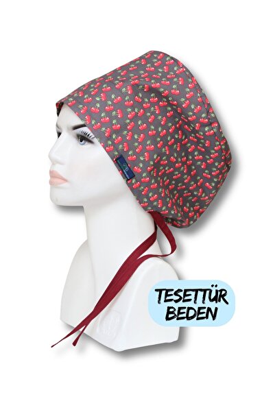 doktorbonem Tesettür Beden Kiraz Desenli Füme Cerrahi Bone Doktor Hemşire Sağlıkçı Hastane Bonesi