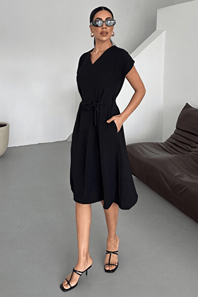 Paw Garage Women's Harber Black V-Neck Belted Dress Ayrobin Fabric, New Season Summer