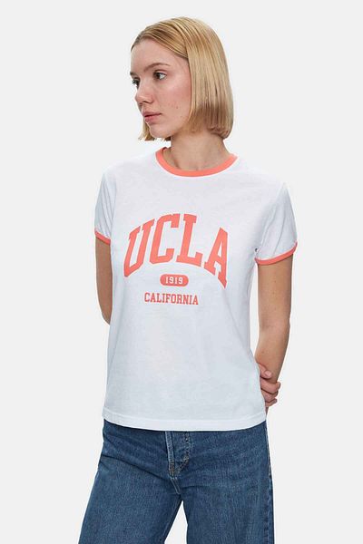 UCLA SAVANNAH Tricou alb pentru femei, cu decolteu rotund, cu potrivire standard