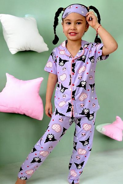 Lolliboomkids Girl's Cat Patterned Lilac Purple Color Short Sleeve Pajama Set