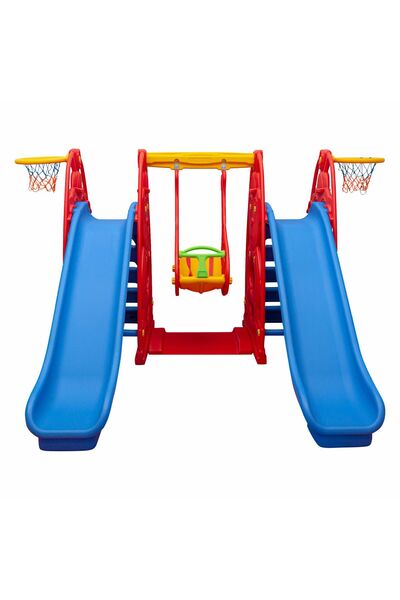 MUPARK Salıncaklı Çift Kaydırak Oyun Parkı - 2 Kaydırak 1 Salıncak - Anaokulu Kreş Bahçe Seti (Kırmızı)