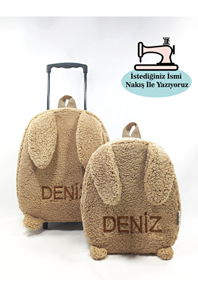 migie Kişiye Özel İsimli Çekçekli Çanta ve Sırt Çantası Anaokulu/Kreş Seti (2'li Set) Kapuçino Tavşan
