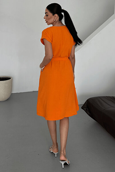 Paw Garage Women's Harber Orange V-Neck Belted Dress Ayrobin Fabric, New Season Summer