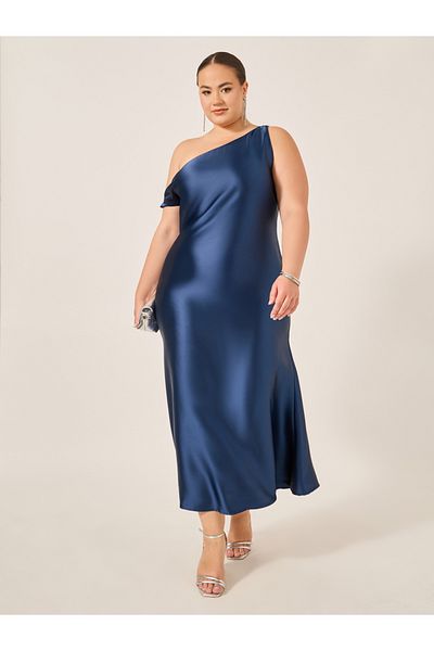 Styli Plus Size Asymmetric Neck Satin A-Line Maxi Dress
