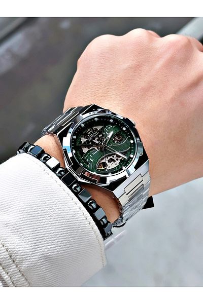 Reward Silver Color Kaaba Pattern Automatic Mechanism Men's Wristwatch + Bracelet