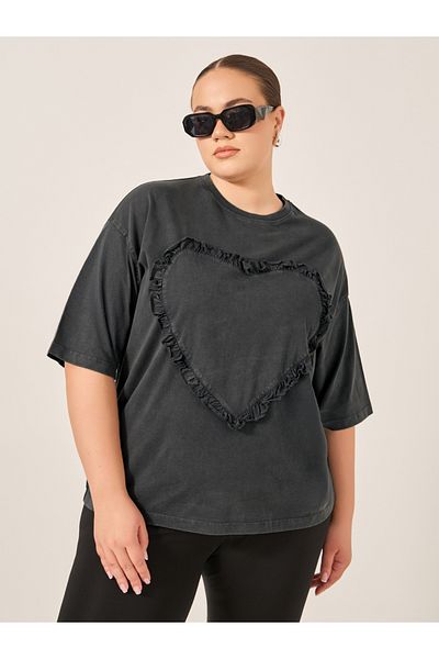 Styli Plus Size Acid Washed Ruffled Oversized T-Shirt