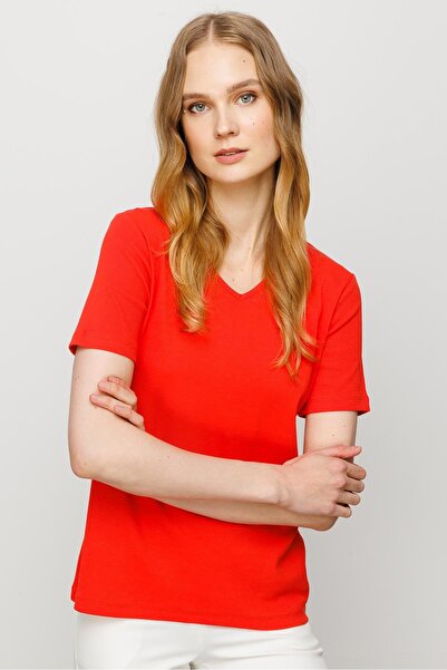 Desen Triko Ženska majica sa V-izrezom Rebrasta pletenina Pamuk T-shirt naran...