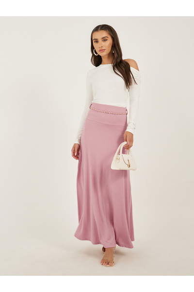 Styli Textured A-Line Maxi Dress with Chain Belt Detail