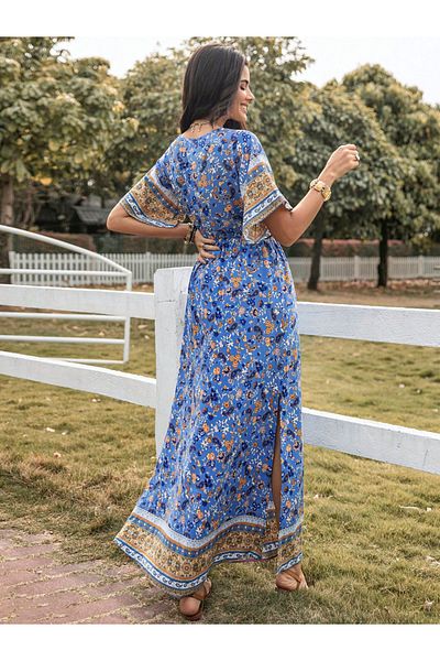 Russty Dustty By Styli Allover Printed Drawstring Waist Maxi Dress