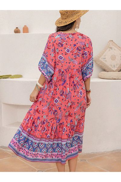 Russty Dustty By Styli Floral Printed Half Sleeves V Neck Midi Dress