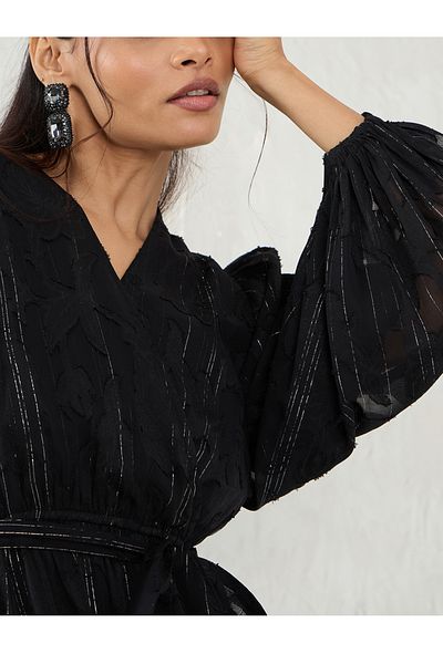 Femmella By Styli Black Self Design Wrap Look A-Line Maxi Dress