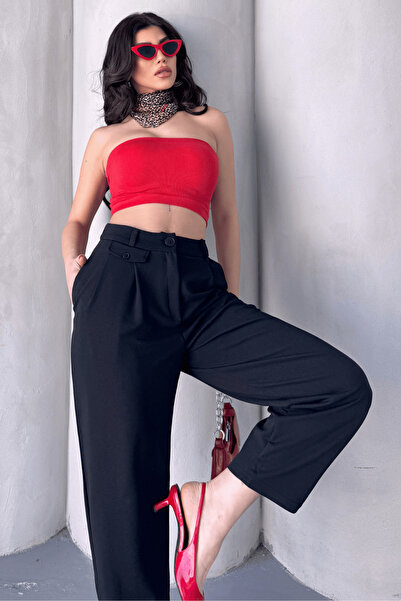 Paw Garage Women's Jessia Waist and Leg Buttoned Balloon Model Lycra Fabric Trousers