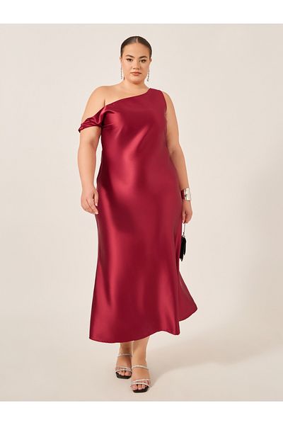 Styli Plus Size Asymmetric Neck Satin A-Line Maxi Dress