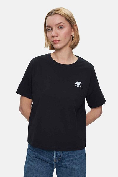 UCLA Tricou de damă Kenzie negru cu decolteu rotund cu imprimeu argintiu