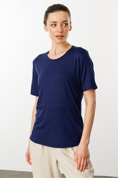 Desen Triko Tricou de damă cu decolteu triplu, din bumbac pieptănat, albastru bleumarin