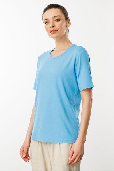 Desen Triko Tricou de bază din bumbac pieptănat cu decolteu rotund pentru femei, albastru
