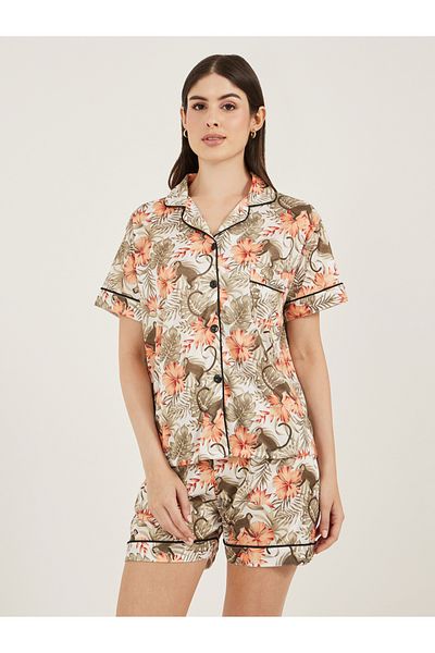 Styli Printed Satin Piped Shirt and Shorts Pyjama Set