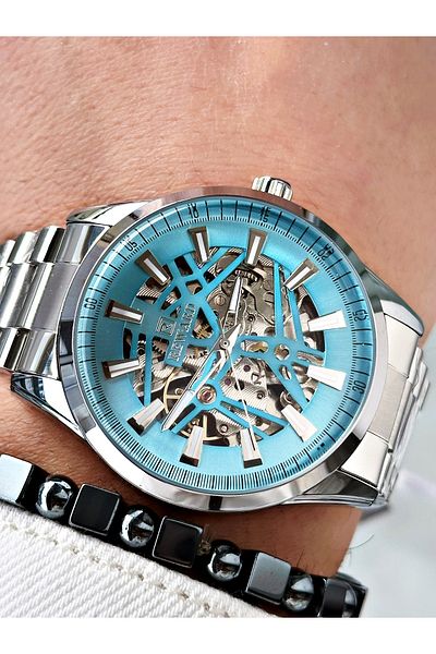 Reward Silver Color Skeleton Model Automatic Steel Band Men Wristwatch + Bracelet