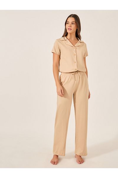 Styli Women Beige Solid Jersey Short Sleeve Shirt and Pyjama Set