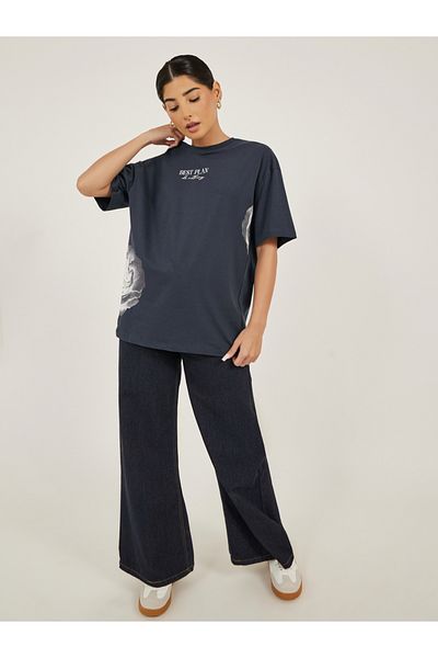 Styli Slogan Print Round Neck Oversized T-Shirt