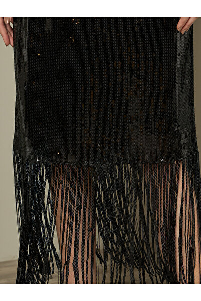 Styli Black Sequined A-Line Evening Midi Skirt