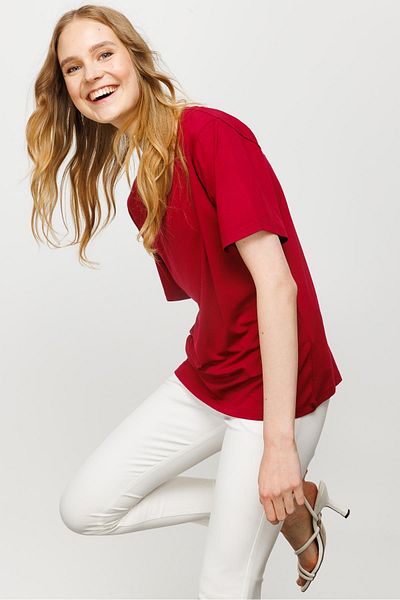 Desen Triko Γυναικείο μπλουζάκι με λαιμόκοψη Basic Combed Cotton Claret Red