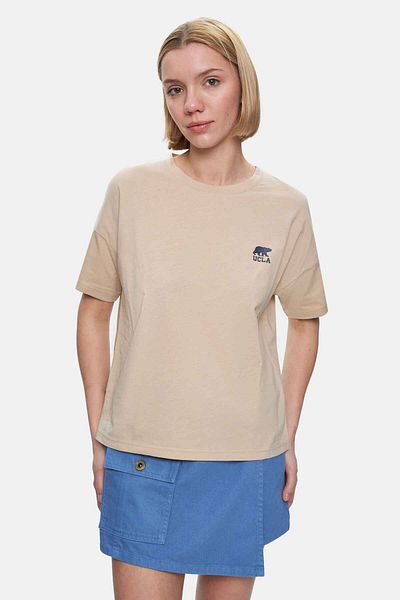 UCLA Tricou de damă Kenzie maro deschis cu decolteu rotund cu imprimeu argintiu